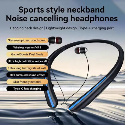 Neckband Bluetooth Headphones, 24H Battery with Auto-Retractable in-Ear Earbuds, HiFi Stereo Sound & Hybrid Active Noise Cancelling for Sports, Gym, Running, Workout, Hands-Free Calling（Blue） - color: Blue
