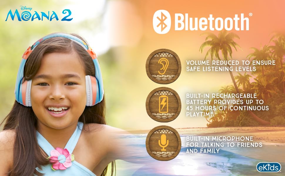 Disney Moana 2 Bluetooth Headphones for Kids Wireless Headphones for School | Volume Reduced and Built-in Microphone - color: Moana