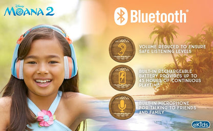 Disney Moana 2 Bluetooth Headphones for Kids Wireless Headphones for School | Volume Reduced and Built-in Microphone - color: Moana