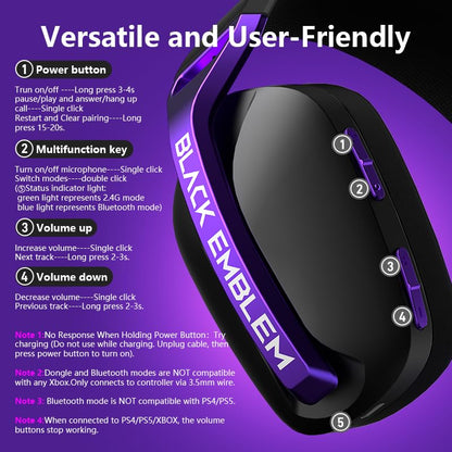 Black Emblem X1 Wireless Gaming Headset with Removable Mic for PC, PS5, PS4, Switch, 2.4GHz Gaming Headphone with Breathable Earcups, Bluetooth 5.4, 50H Battery, Lightweight Gamer Headset