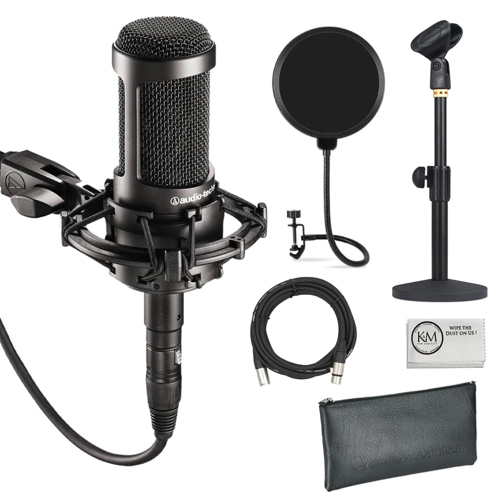 Audio-Technica AT2035 Cardioid Condenser Microphone for Content Creators, Streamers, Podcasters and Musicians Bundled with XLR Cable + Pop Filter + Desktop Mic Stand (4 Items) - style: w/ Desktop Mic Stand