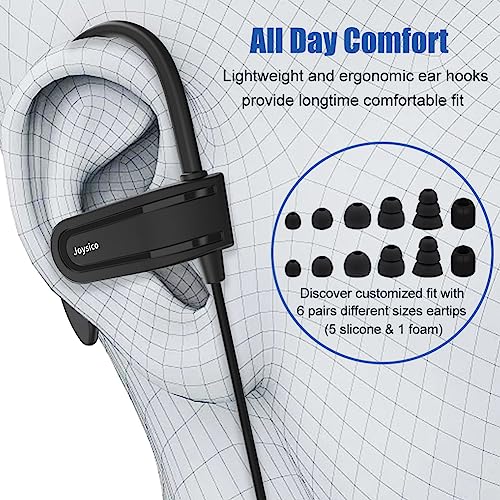 Joysico Wired Over Ear Earbuds Headphones with Mic and Volume Control Black | Wrap Around Ear Hook Secure Fit, 6 Sizes Tips, Earphone Case, Sport Running Workout Sweatproof, For Cellphones Laptop Tablets