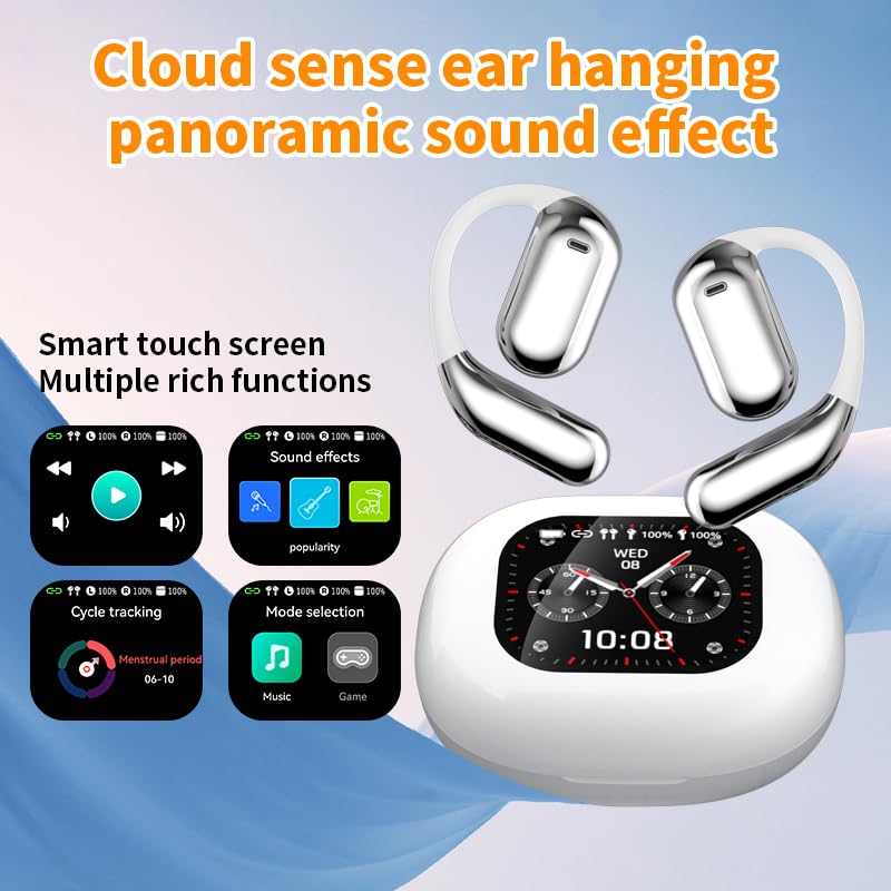 Q16 PRO Wireless Translation Earbuds with 70 Hour Bluetooth 5.4 Sports, Open wear, Wireless Bluetooth Smart Touch Screen, Ear Cup Earbuds with Ear Hooks, IPX5 Waterproof (White+Silver) - color: White, Silver