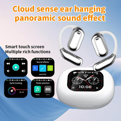 Q16 PRO Wireless Translation Earbuds with 70 Hour Bluetooth 5.4 Sports, Open wear, Wireless Bluetooth Smart Touch Screen, Ear Cup Earbuds with Ear Hooks, IPX5 Waterproof (White+Silver) - color: White, Silver