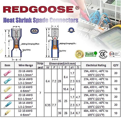 100PCS Heat Shrink Spade Connectors 1/4" 22-10 Gauge Female and Male Insulated Waterproof Quick Disconnect Wire Crimp Terminals Assortment Kit - style: Spade F&M