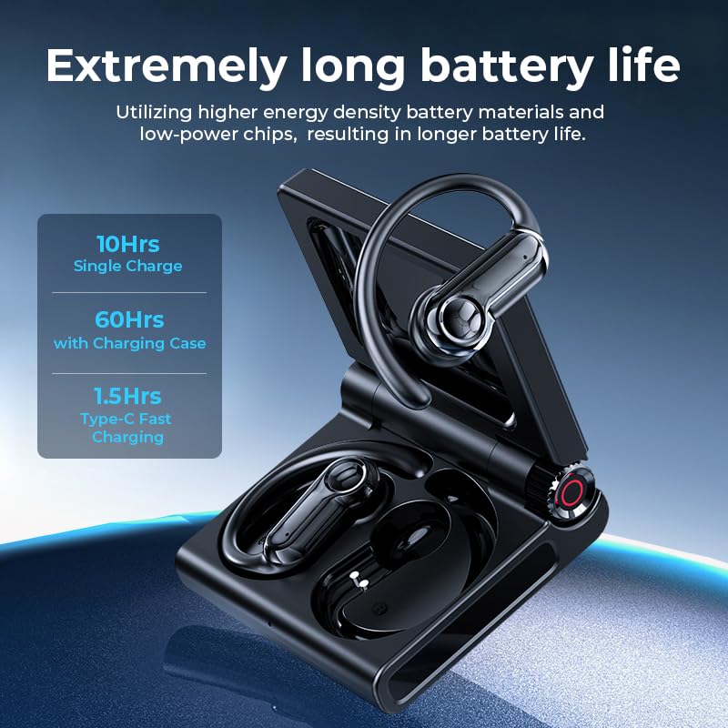 Open Ear Earbuds Bluetooth 6.0 Headphones 60hrs Playtime Wireless Earbuds with Touchscreen Charging Case Hi-Fi Stereo Over Ear Headphones Noise Cancelling 5EQ IPX7 Waterproof for Running/Workout/Gym
