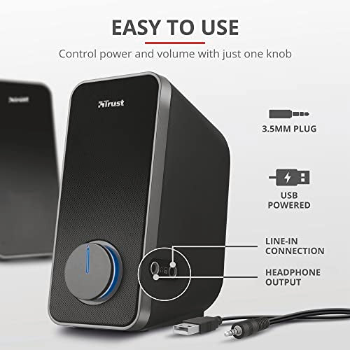 Trust Arys 2.0 PC Speakers, 28 W Peak Power, 3.5 mm Aux, USB Powered, Volume Control, Headphone Connection, Stereo Computer Speaker Set for Desktop, Laptop, Tablet, Phone - Black [Amazon Exclusive] - style: Original 2.0