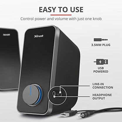 Trust Arys 2.0 PC Speakers, 28 W Peak Power, 3.5 mm Aux, USB Powered, Volume Control, Headphone Connection, Stereo Computer Speaker Set for Desktop, Laptop, Tablet, Phone - Black [Amazon Exclusive] - style: Original 2.0