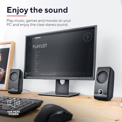 Trust Remo 2.0 PC Speakers, 16W (8W RMS), USB Powered, Jack 3.5mm, Stereo Speaker Set with Volume Control, Compact Sound System for Computer and Laptop - Black - style: Remo 16 W
