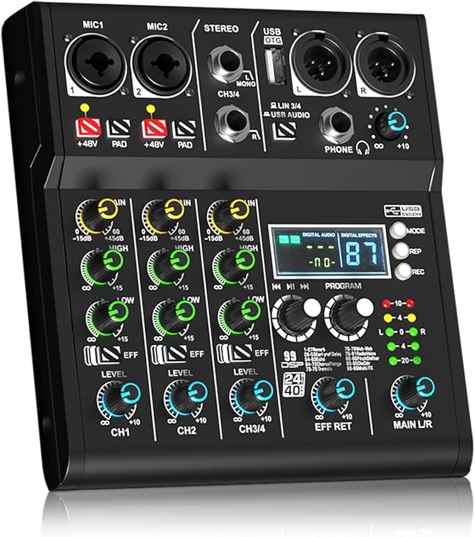 XR-4 4 Channel Small Audio Mixer Bluetooth Playback DJ console | 99 DSP sound effects, +48V phantom power, USB recording, portable design for karaoke and live performance