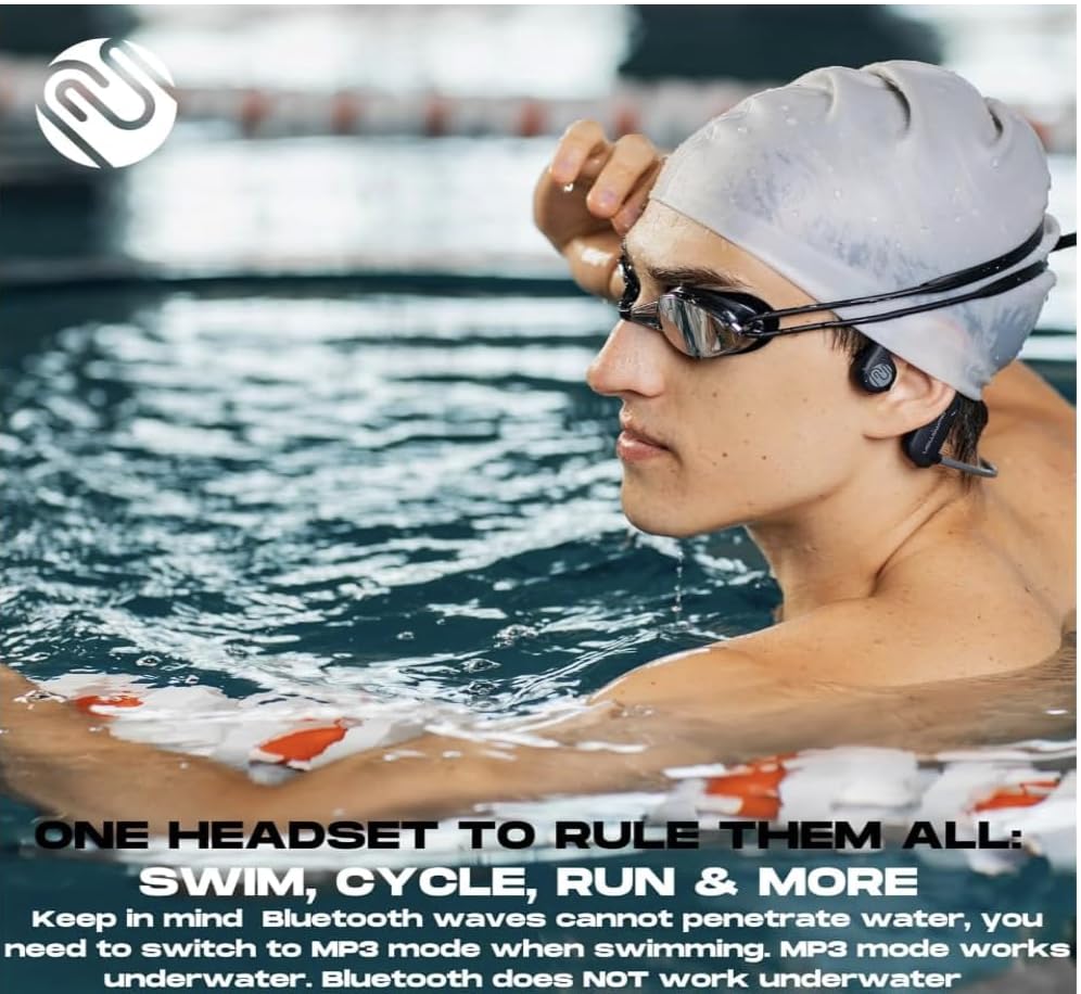 FlowMotion M1 Pro Waterproof Swimming Headphones with Bluetooth for Sports Fitness Running Underwater Bone Conduction Wireless with USB-C Adapter and Adjustable Strap