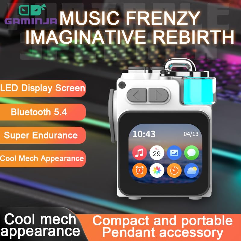 Wireless Bluetooth Speaker Mini, 2-Inch Screen Rgb Subwoofer, Small Speaker Portable with Alarm Clock, Weather, Calendar ,6H Battery, Metal Pendant Waterproof Large Hd Sound Pocket Stereo (White) | Small Rgb Subwoofer Metal Magnetic Waterproof Large Hd So