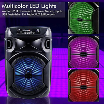 Technical Pro 8 Inch Portable 800 W Bluetooth Speaker W/Woofer & Tweeter | Festival PA LED, Bluetooth/USB Card Inputs, with UHF Wireless Handheld Microphone w/USB Powered Receiver - style: Speaker with Wireless Mic