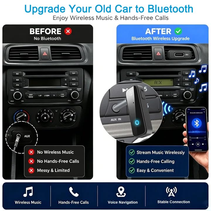Bluetooth 5.4 AUX Adapter for Car, 2 in 1 Bluetooth Transmitter Receiver for TV Headphones Home Stereo Speaker, Hands-Free Calls, 3.5mm Wireless Audio Adapter - color: Black