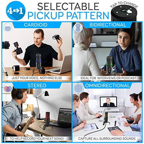 USB Microphone Selectable Pickup Pattern-4 in 1 Polar Pattern Selector Audio Cardioid Condenser Mic w/LED Effect Lights, Podcast Recording Kit for Gaming Streaming Podcasting Studio-Pyle PDMIUSBMT300