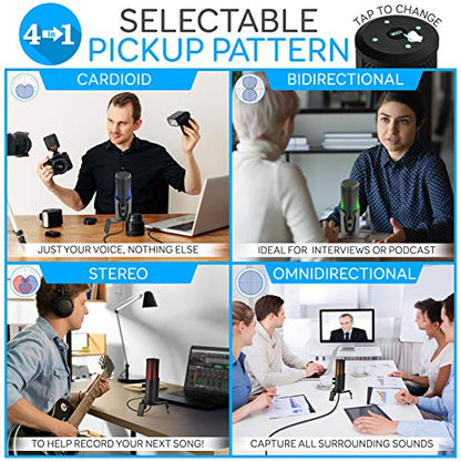 USB Microphone Selectable Pickup Pattern-4 in 1 Polar Pattern Selector Audio Cardioid Condenser Mic w/LED Effect Lights, Podcast Recording Kit for Gaming Streaming Podcasting Studio-Pyle PDMIUSBMT300