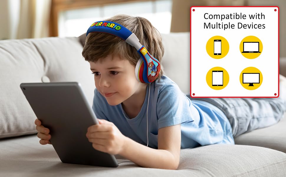 eKids Super Mario Kids Headphones, Adjustable Headband, Stereo Sound, 3.5Mm Jack, Wired Headphones for Kids, Tangle-Free, Volume Control, Childrens Headphones Over Ear for School Home, Travel | Adjustable Headband - color: Super Mario