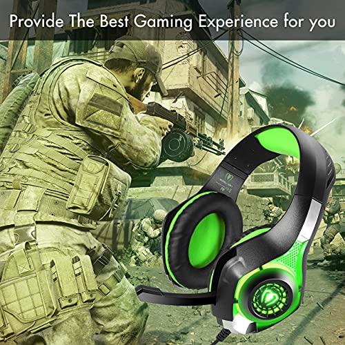 BlueFire Wired Gaming Headset for PS4 PS5 Xbox One PC – Over-Ear Headphones with Surround Sound, Noise Canceling Mic, Soft Memory Foam, LED Light, 3.5mm Jack for Console & Laptop (Green) - color: Green