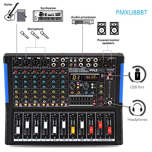 Pyle 8-Channel Console Style Audio Mixer with Bluetooth - DJ Sound Controller, 4 XLR / Combo Inputs, Sub Out, +48V Phantom, USB-A In, 16 DSP Effects, MP3 Player, 7-Band EQ - PMXU88BT