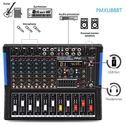 Pyle 8-Channel Console Style Audio Mixer with Bluetooth - DJ Sound Controller, 4 XLR / Combo Inputs, Sub Out, +48V Phantom, USB-A In, 16 DSP Effects, MP3 Player, 7-Band EQ - PMXU88BT