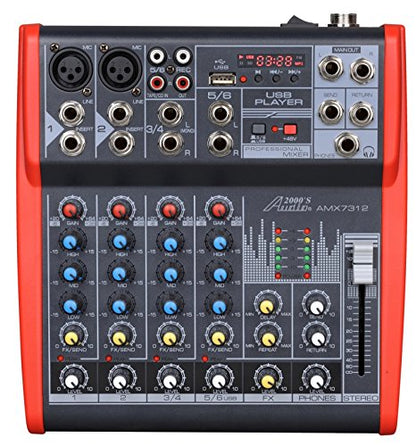 Audio2000'S AMX7312 Six-Channel Audio Mixer with USB Interface, DSP Processor, and Phontom Power - style: 6-Channel Mixer with USB & Sound Effect
