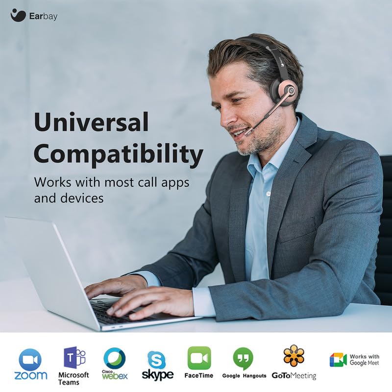 Wireless Headset, Bluetooth Headset with Microphone Noise Canceling & USB Dongle, Wireless Headphones with Mic Mute & Charging Dock for PC Computer Cell Phone Remote Work Office Zoom Meetings Call