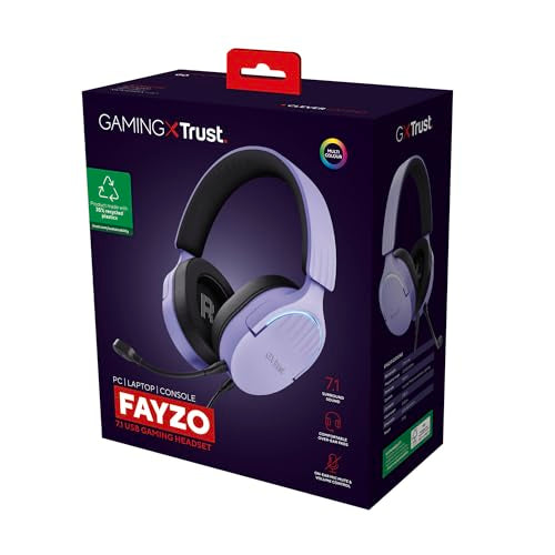 Trust Gaming GXT 490P Fayzo USB Gaming Headset 7.1 Surround Sound, 50mm Drivers, 35% Recycled Plastics, RGB Over-Ear Wired Headphones, with Noise Cancelling Microphone for PC PS5 - Purple - color: Purple, style: USB 7.1 Surround Sound