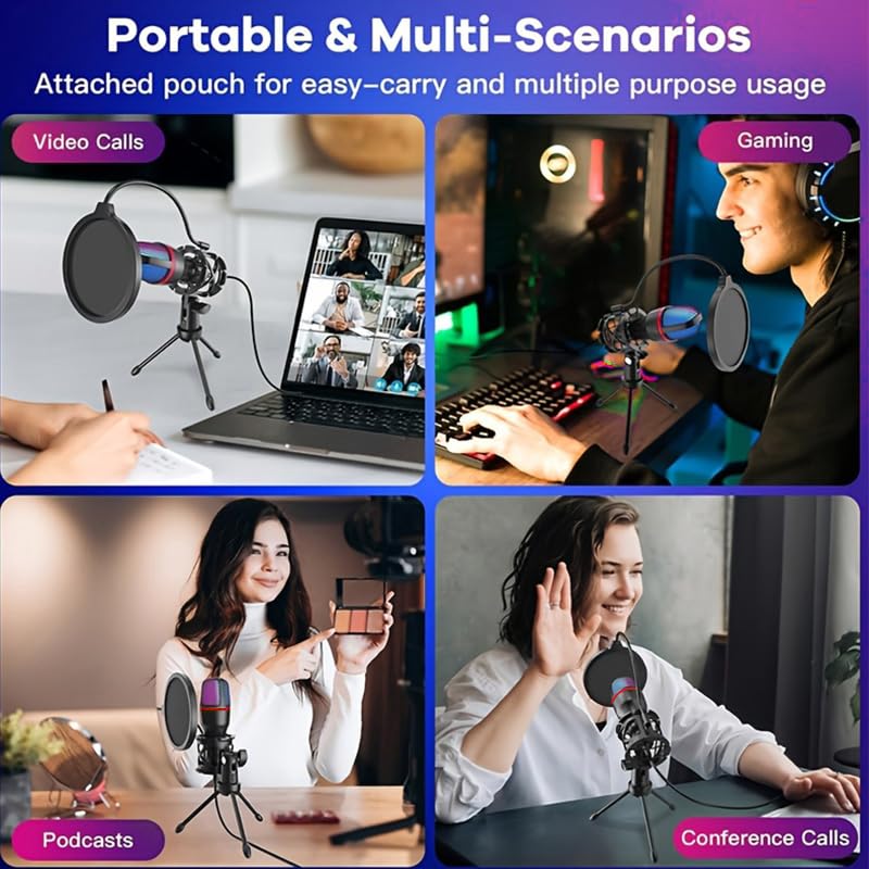 USB Microphone with RGB Light and Tripod Stand for Streaming Podcast Recording Gaming on PC Laptop