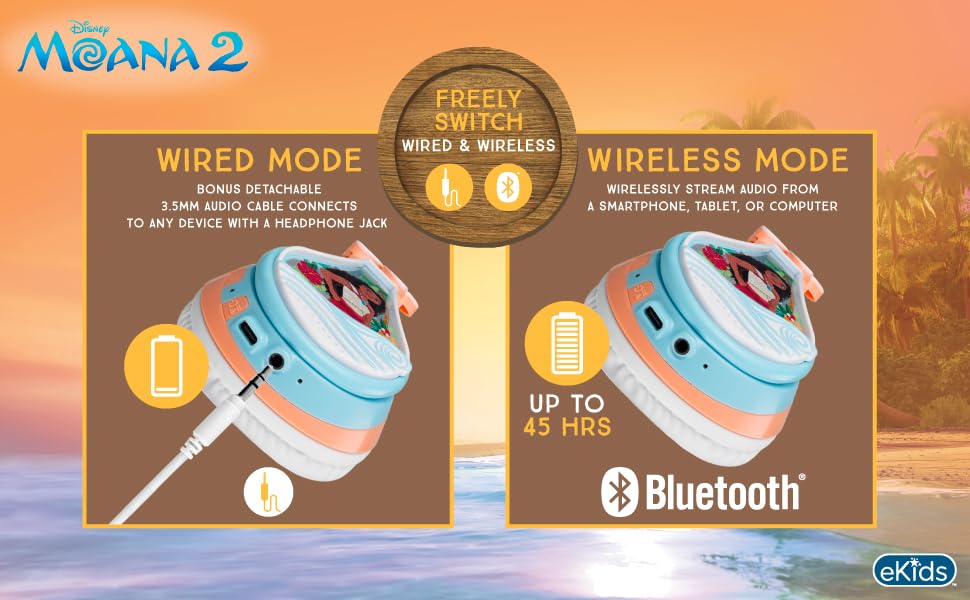Disney Moana 2 Bluetooth Headphones for Kids Wireless Headphones for School | Volume Reduced and Built-in Microphone - color: Moana