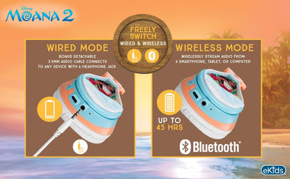 Disney Moana 2 Bluetooth Headphones for Kids Wireless Headphones for School | Volume Reduced and Built-in Microphone - color: Moana