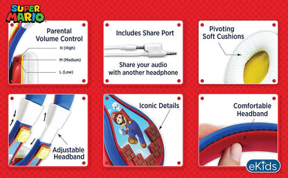 eKids Super Mario Kids Headphones, Adjustable Headband, Stereo Sound, 3.5Mm Jack, Wired Headphones for Kids, Tangle-Free, Volume Control, Childrens Headphones Over Ear for School Home, Travel | Adjustable Headband - color: Super Mario