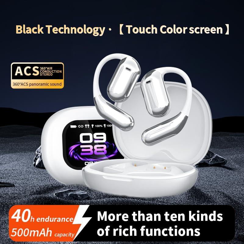 Q16 PRO Wireless Translation Earbuds with 70 Hour Bluetooth 5.4 Sports, Open wear, Wireless Bluetooth Smart Touch Screen, Ear Cup Earbuds with Ear Hooks, IPX5 Waterproof (White+Silver) - color: White, Silver