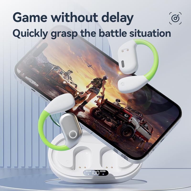 Open Wireless Bluetooth Earbuds with Charging Box, Ergonomic Earhook, Bluetooth 5.4 Headphones with Smart Digital Display, 40H Playtime, Touch Control, Fit for Cycling, Running, Workout, White