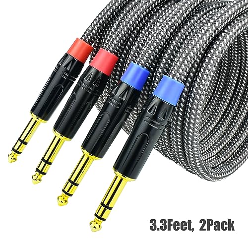 1/4 Inch TRS to TRS Balanced Patch Cable, 3.3feet 6.35mm Quarter Inch Stereo Audio Cable Cord for Speaker Studio Monitor, Gold Plated Connector, Nylon Braided Heavy Duty, 2Pack - size: 3.3 Feet, 2Pack