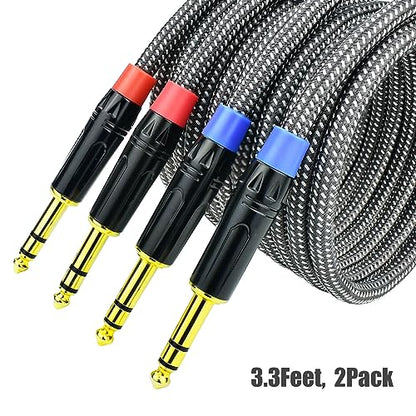 1/4 Inch TRS to TRS Balanced Patch Cable, 3.3feet 6.35mm Quarter Inch Stereo Audio Cable Cord for Speaker Studio Monitor, Gold Plated Connector, Nylon Braided Heavy Duty, 2Pack - size: 3.3 Feet, 2Pack