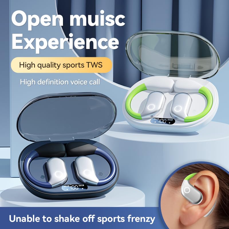 Open Wireless Bluetooth Earbuds with Charging Box, Ergonomic Earhook, Bluetooth 5.4 Headphones with Smart Digital Display, 40H Playtime, Touch Control, Fit for Cycling, Running, Workout, White