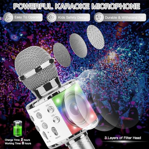 ShinePick Karaoke Microphone, 4 in 1 Wireless Microphone with LED Lights Handheld Portable Karaoke Machine, Home KTV Player, Compatible with Android & iOS Devices (Silver) - color: silver