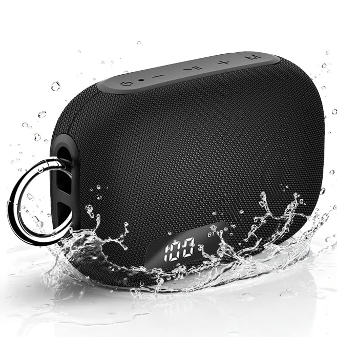 Portable Bluetooth Speaker, IP67 Waterproof Shower Speaker with Digital Battery Display, Powerful Sound, 24H Playtime, TWS Pairing, USB/TF Card, Small Speaker for Outdoor Travel Home, Gift-Black