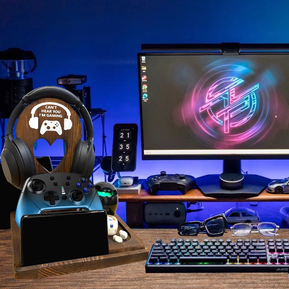 Wooden Headset Stand with Controller Holder - Multi-Functional Gaming Organizer for Desk, Detachable Design w/Phone Slot - Perfect Gamer Gift for Men, Dad, Graduation