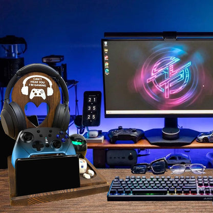 Wooden Headset Stand with Controller Holder - Multi-Functional Gaming Organizer for Desk, Detachable Design w/Phone Slot - Perfect Gamer Gift for Men, Dad, Graduation