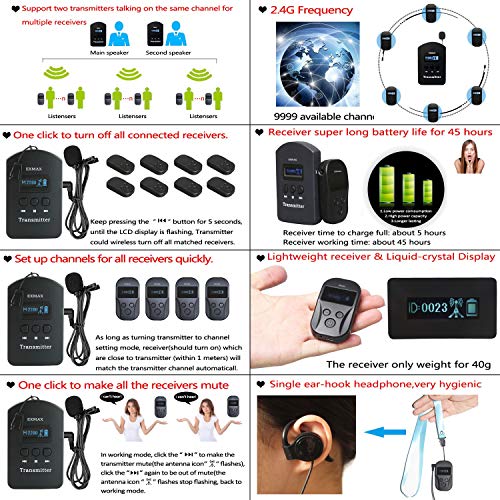 EXMAX EXD-101 2.4G Wireless Voice Transmission System Church Translation Equipment Translator Device for Tourism Museums - 2 Transmitters 15 Receivers & 16-Port Charge Station & Black Storage Case