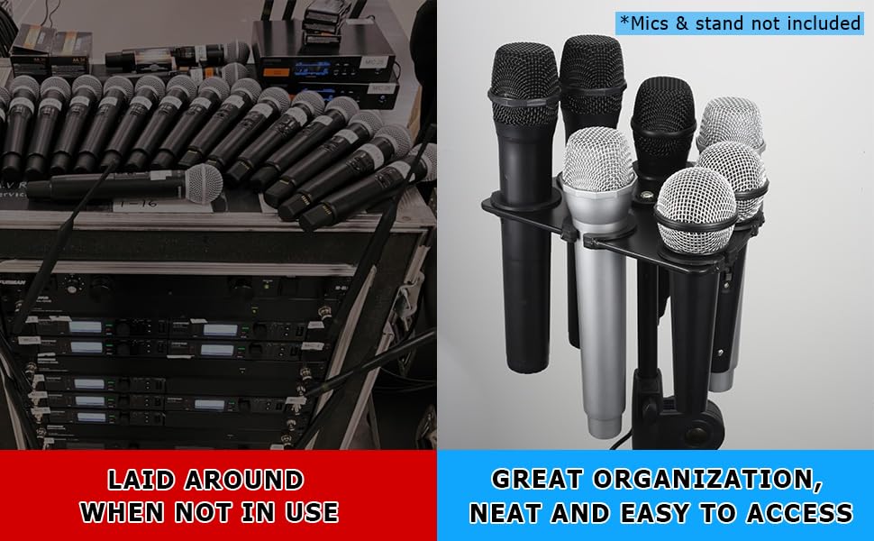 Multi Mic Holder for Wired and Wireless Mics, Organizes Up to 7 Mics, Aluminum, Black