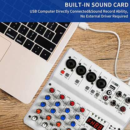 6-Channel Audio Mixer with 99 Sound Effects for PC,Portable Sound Mixing Console with BT USB Recording Input for Live Streaming,Podcasting,DJ Show