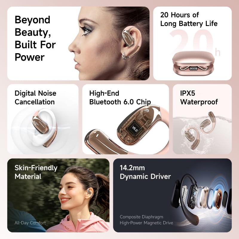 A51 Open Ear Headphones, True Wireless Earbuds with Mic & Earhooks | Deep Bass Sound, 20H Playtime & Digital Display, AI Clear Calls, Secure Comfortable Fit - Running, Sport, Meeting (RoseGold) - color: RoseGold