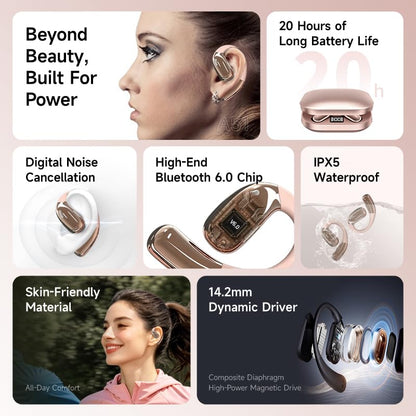 A51 Open Ear Headphones, True Wireless Earbuds with Mic & Earhooks | Deep Bass Sound, 20H Playtime & Digital Display, AI Clear Calls, Secure Comfortable Fit - Running, Sport, Meeting (RoseGold) - color: RoseGold