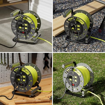 Masterplug 50ft Cord Reel, Retractable Extension Lead with Winding Handle, Safety Overload Circuit Breaker and Power Switch, 4X Grounded Outlets, 2X USB Ports, 13amps, 14AWG Cable - size: 50ft, style: 14 AWG