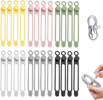 Silicone Cable Ties Reusable, Data Cable Organizer & Cord Management Straps, Elastic Cable Wrap for Wires, Charger, Earphones, USB Cables, Cable Management Organizer for Home Office Desk (24)