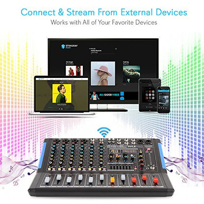 Pyle 8-Channel Console Style Audio Mixer with Bluetooth - DJ Sound Controller, 4 XLR / Combo Inputs, Sub Out, +48V Phantom, USB-A In, 16 DSP Effects, MP3 Player, 7-Band EQ - PMXU88BT