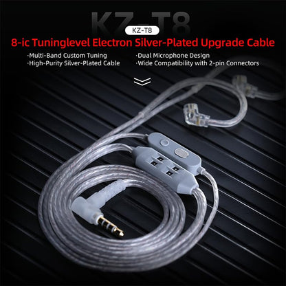 KZ T8 In Ear Monitor Cable, 8-Level Electronic Tuning Cord with Dual-Mic | 1.25m Silver-Plated Wire, Recessed 2-Pin IEM Cables for Gaming Music, Hifi Audio Replaceable Earbuds Cable (With Mic) - style: With Mic
