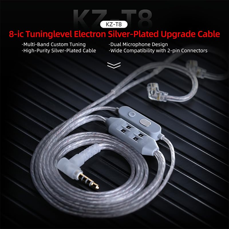 KZ T8 In Ear Monitor Cable, 8-Level Electronic Tuning Cord with Dual-Mic | 1.25m Silver-Plated Wire, Recessed 2-Pin IEM Cables for Gaming Music, Hifi Audio Replaceable Earbuds Cable (Without Mic) - style: No Mic